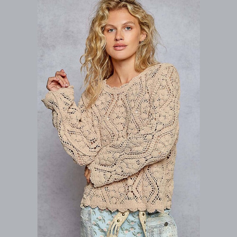 NWT POL Crochet Knit Pullover Sweater Mocha Boho Round Neck Long Sleeve
